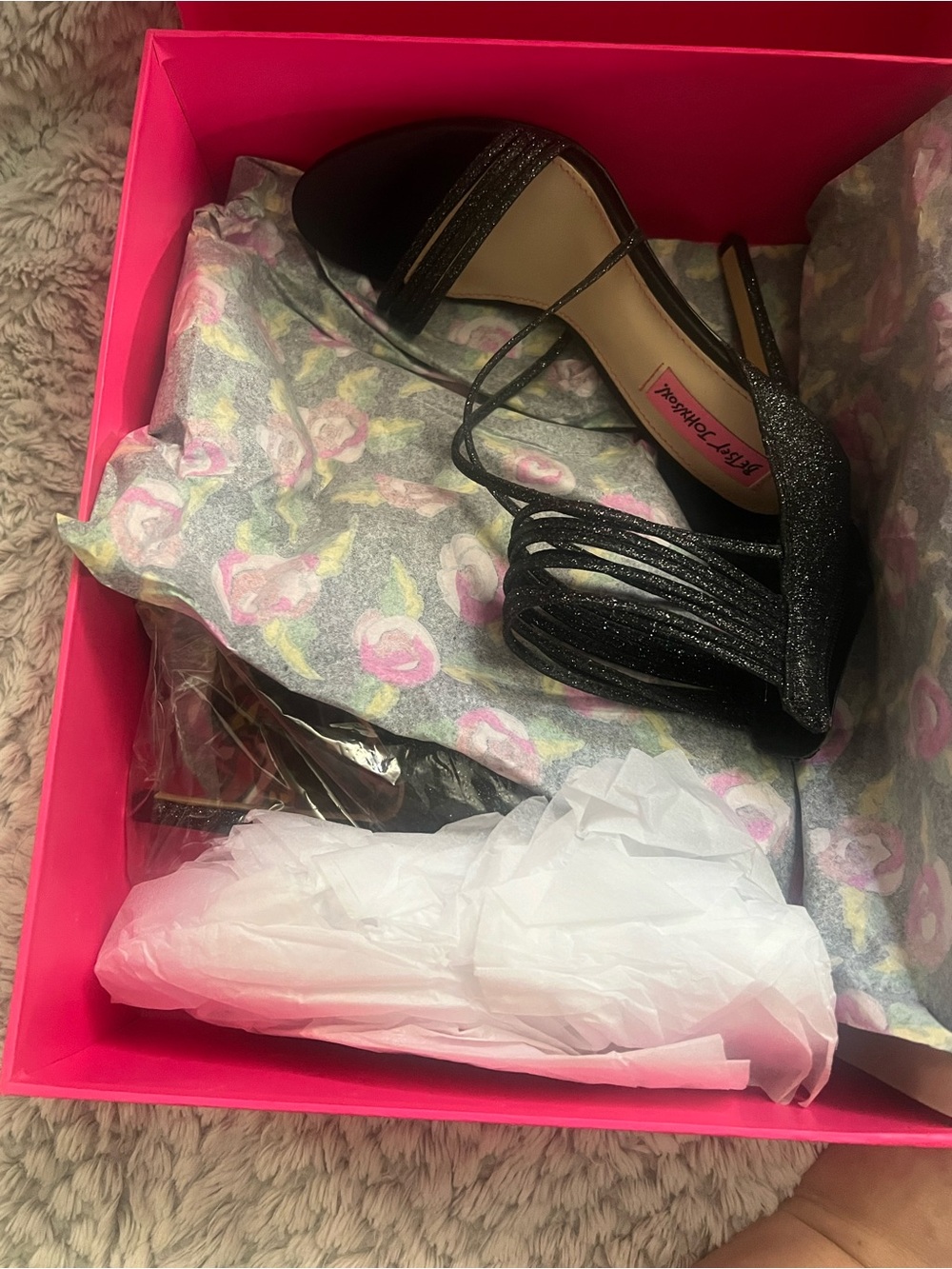 Betsey Johnson Black Glitter Strappy Open-Toe Heels